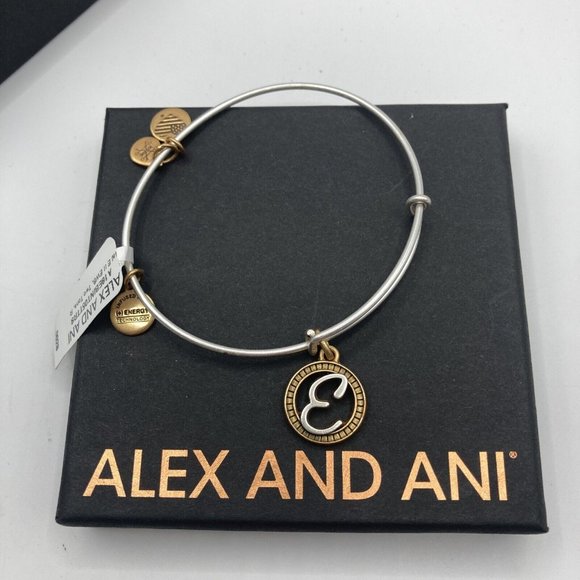 Alex and Ani Initial E Two Tone Russian Silver Bangle New W/ Tag Card & Box - Picture 2 of 7